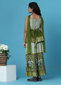 Kalki Olive Green Printed Kurti And Palazzo Set In Silk For Girls