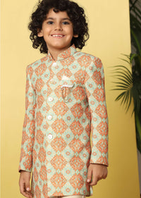 Kalki Orange Printed Sherwani Set In Silk For Boys