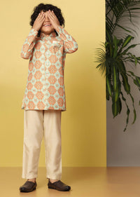 Kalki Orange Printed Sherwani Set In Silk For Boys