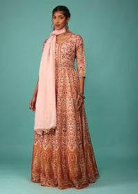 Candy Pink Anarkali Suit Set In Raw Silk With Kashmiri Print Work And Embroidery