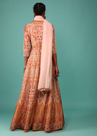 Candy Pink Anarkali Suit Set In Raw Silk With Kashmiri Print Work And Embroidery