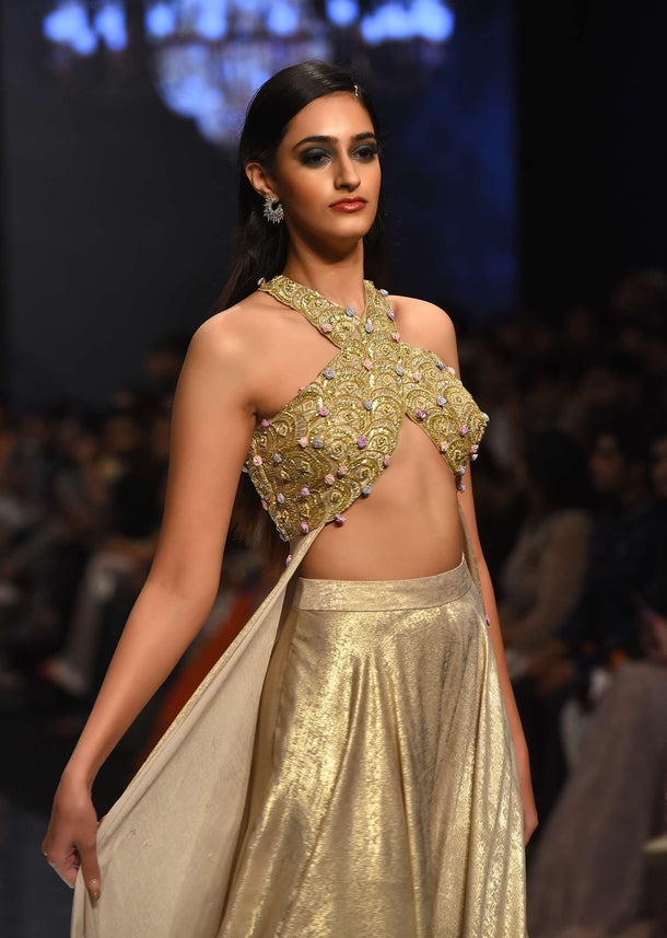 Gold Toned Palazzo Top In With Attached Cape - NOOR 2022