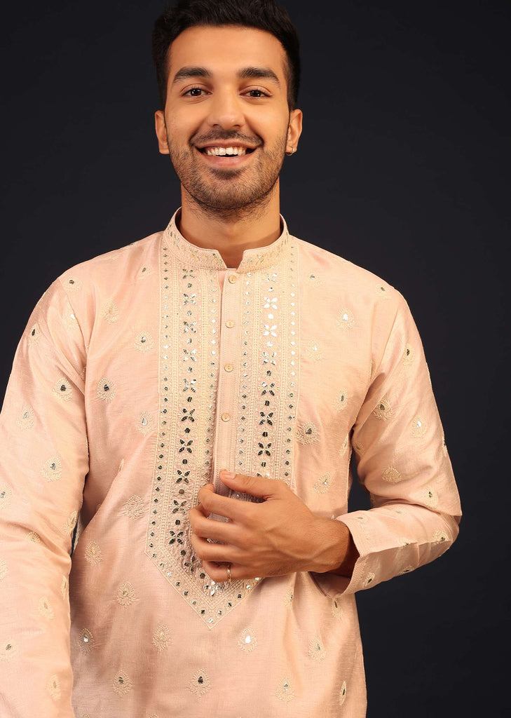 Peach Pink Mirror Embroidered Kurta Set