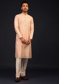 Peach Pink Mirror Embroidered Kurta Set