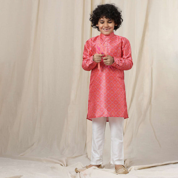 Kalki Paradise Pink Kurta Set In Silk With Threadwork For Boys