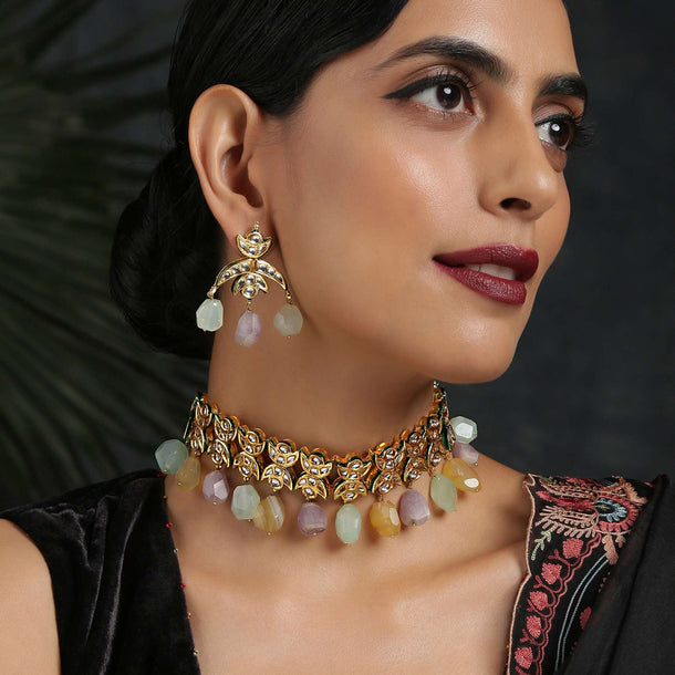 Pastel Gold Plated Kundan Choker Necklace Set