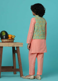 KALKI Peach Pink Floral Printed Jacket Kurta Set For Boys