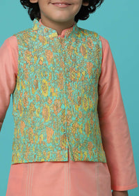 KALKI Peach Pink Floral Printed Jacket Kurta Set For Boys