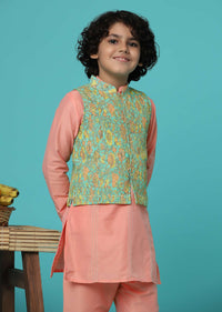 KALKI Peach Pink Floral Printed Jacket Kurta Set For Boys