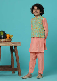 KALKI Peach Pink Floral Printed Jacket Kurta Set For Boys