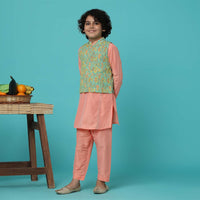 KALKI Peach Pink Floral Printed Jacket Kurta Set For Boys