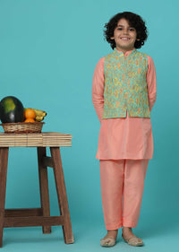 KALKI Peach Pink Floral Printed Jacket Kurta Set For Boys