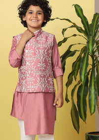 Kalki Peach Pink Boys Bandi Jacket Set With Threadwork