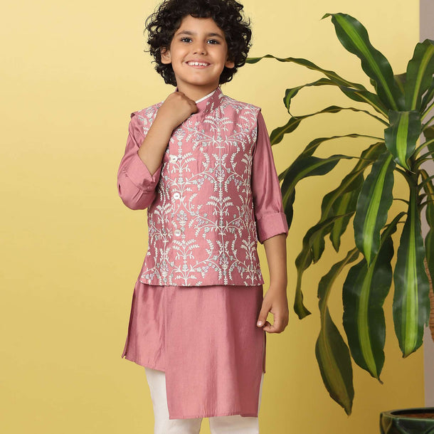 Kalki Peach Pink Boys Bandi Jacket Set With Threadwork