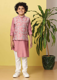 Kalki Peach Pink Boys Bandi Jacket Set With Threadwork