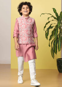 Kalki Peach Pink Boys Bandi Jacket Set With Threadwork