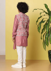 Kalki Peach Pink Boys Bandi Jacket Set With Threadwork