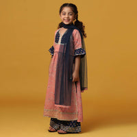 Kalki Peach Pink Printed Kurta And Sharara Set In Rayon For Girls