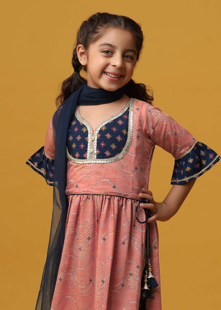 Kalki Peach Pink Printed Kurta And Sharara Set In Rayon For Girls