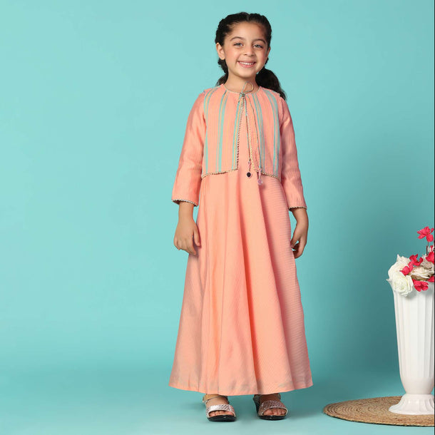 Kalki Peach Pink Printed Gown And Jacket Set In Cotton For Girls