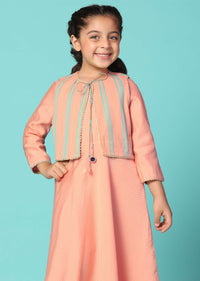 Kalki Peach Pink Printed Gown And Jacket Set In Cotton For Girls