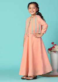 Kalki Peach Pink Printed Gown And Jacket Set In Cotton For Girls