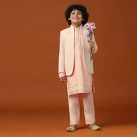 Kalki Peach Pink Sherwani Set In Silk With Threadwork For Boys