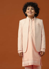 Kalki Peach Pink Sherwani Set In Silk With Threadwork For Boys