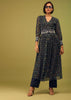 Navy Blue Palazzo Suit In Georgette With Multicolor Floral Print & Embroidery