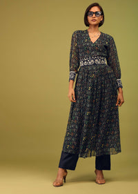 Navy Blue Palazzo Suit In Georgette With Multicolor Floral Print & Embroidery
