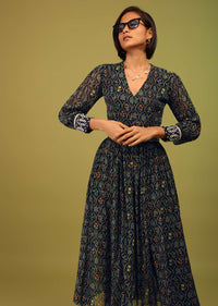 Navy Blue Palazzo Suit In Georgette With Multicolor Floral Print & Embroidery