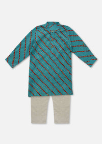 Kalki Peacock Blue Printed Kurta Set In Cotton For Boys