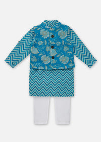 Kalki Peacock Blue Floral Printed Jacket Kurta Set In Cotton For Boys