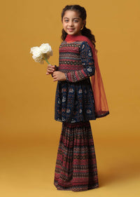 Kalki Peacock Blue Printed Kurta And Sharara Set In Georgette For Girls