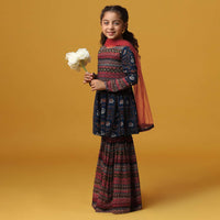 Kalki Peacock Blue Printed Kurta And Sharara Set In Georgette For Girls