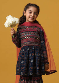 Kalki Peacock Blue Printed Kurta And Sharara Set In Georgette For Girls