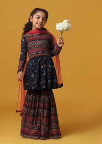 Kalki Peacock Blue Printed Kurta And Sharara Set In Georgette For Girls