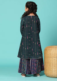 Kalki Peacock Green Kurta Palazzo Set With Mirrorwork In Silk For Girls