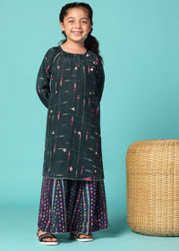 Kalki Peacock Green Kurta Palazzo Set With Mirrorwork In Silk For Girls