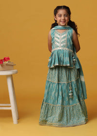 Kalki Peacock Green Printed Kurta And Lehenga Set In Cotton For Girls