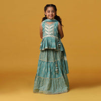 Kalki Peacock Green Printed Kurta And Lehenga Set In Cotton For Girls