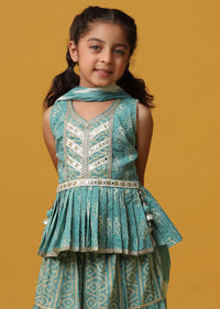 Kalki Peacock Green Printed Kurta And Lehenga Set In Cotton For Girls