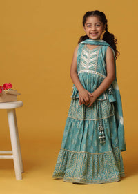 Kalki Peacock Green Printed Kurta And Lehenga Set In Cotton For Girls