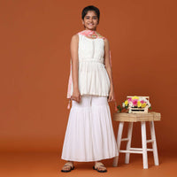 Kalki Pearl White Embroidered Palazzo And Kurti Set In Georgette For Girls