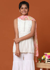 Kalki Pearl White Embroidered Palazzo And Kurti Set In Georgette For Girls