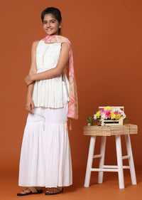 Kalki Pearl White Embroidered Palazzo And Kurti Set In Georgette For Girls