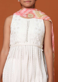 Kalki Pearl White Embroidered Palazzo And Kurti Set In Georgette For Girls