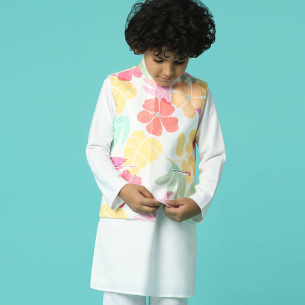 Kalki Pearl White Jacket Kurta Set In Silk With Floral Print For Boys