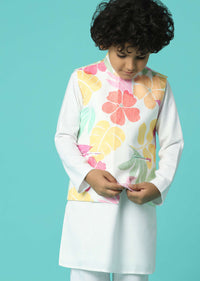 Kalki Pearl White Jacket Kurta Set In Silk With Floral Print For Boys