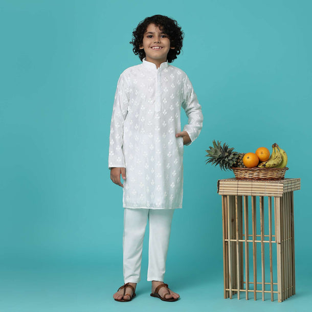 KALKI Pearl White Kurta Set With Threadwork For Boys